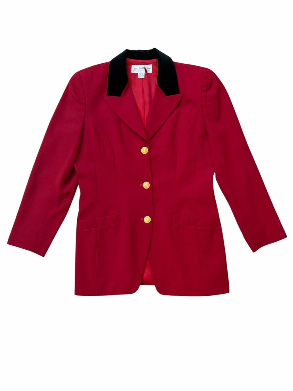 Liz Claiborne Vintage Red Blazer with Black Velvet Collar and Shoulder Pads